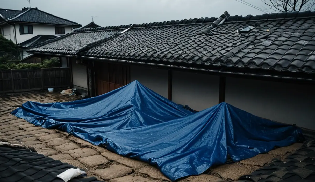 傷んだ瓦屋根を覆う、土のうで押さえたブルーシート