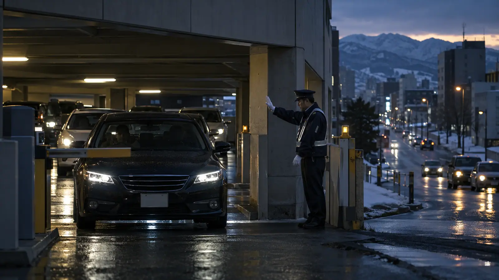 駐車場の出口で、道路へ出る時機を手で合図する警備員