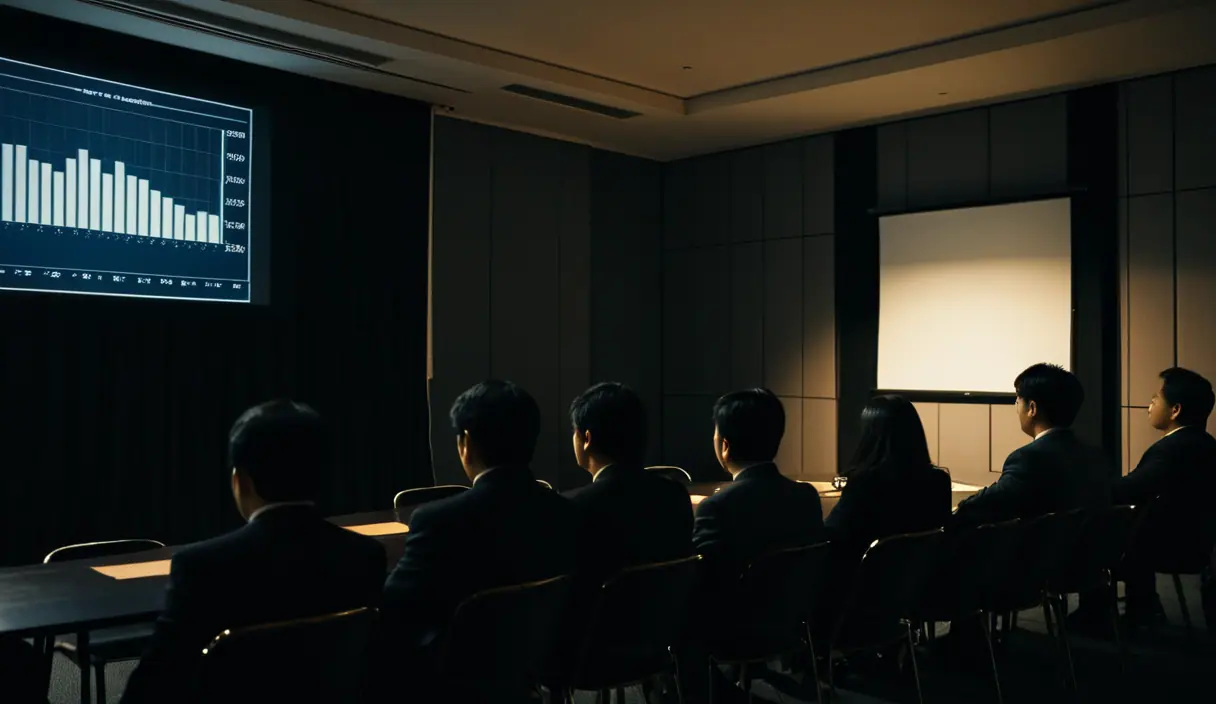 集会室で、グラフを映した画面を見る住民
