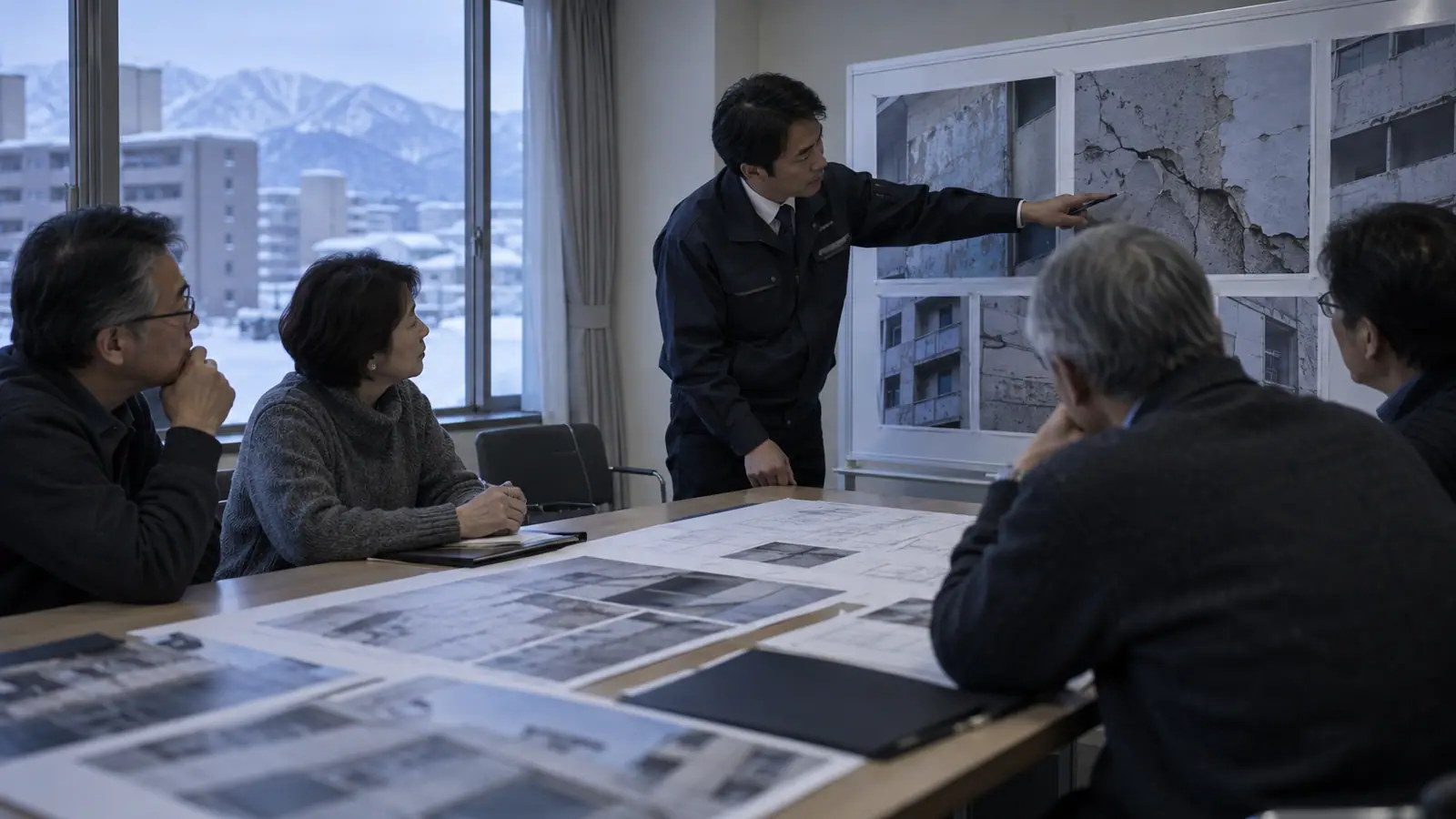 集会室で、外壁の写真と図面を見せて工事の理由を説明する担当