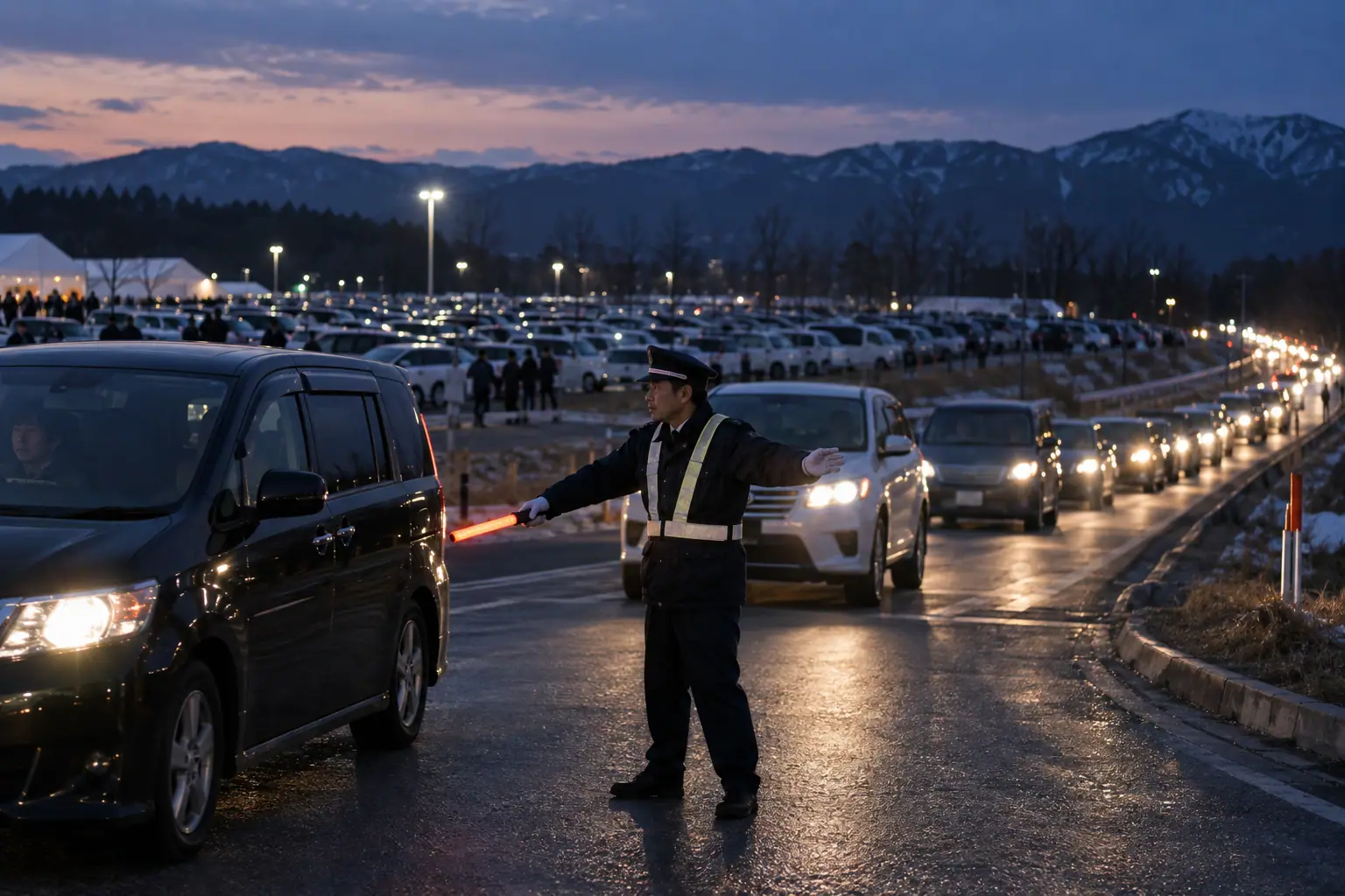 満車の駐車場の前で、車の列を別の駐車場へ案内する警備員