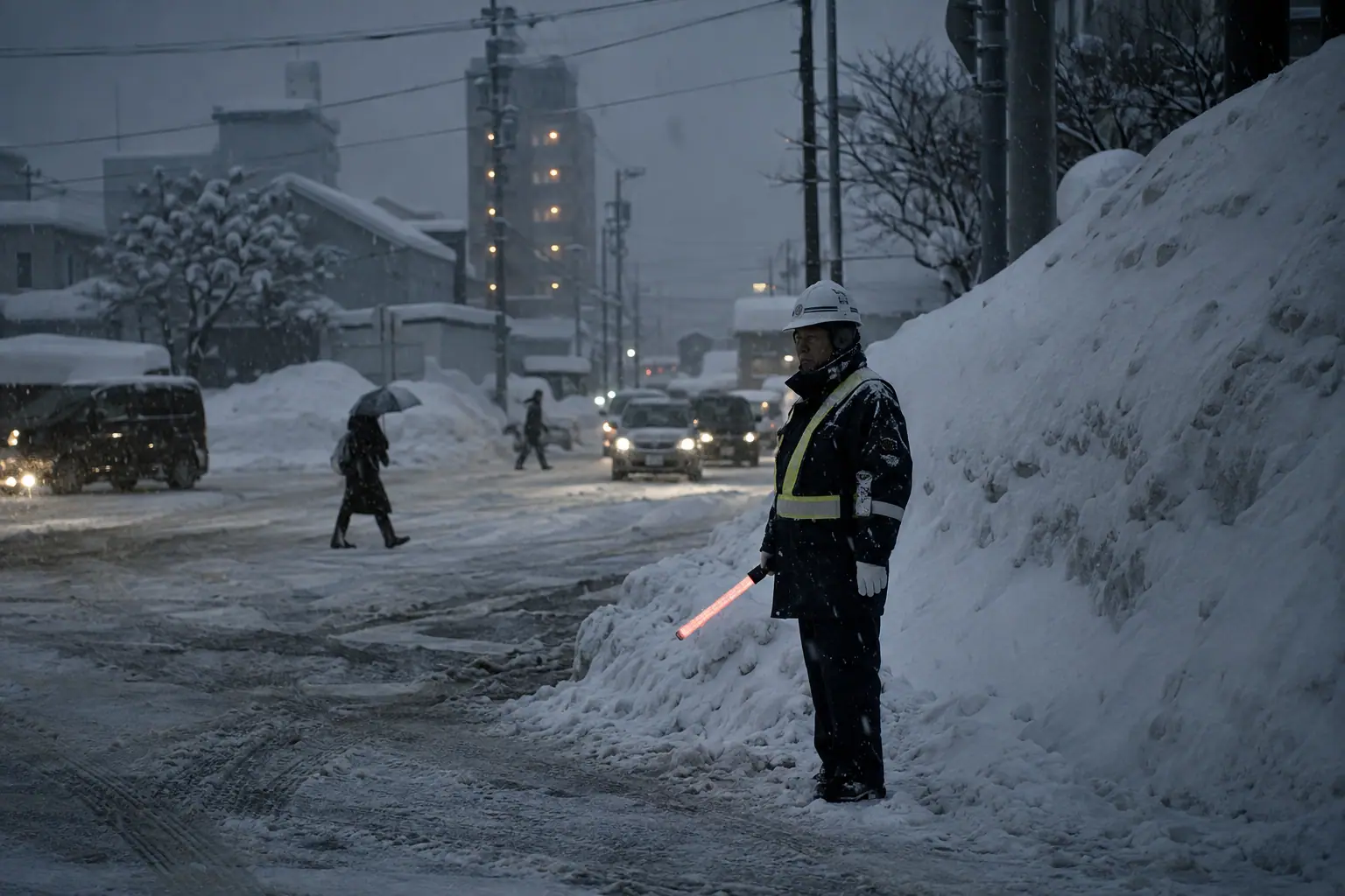 除雪の雪山で見通しの悪い交差点の角に立つ警備員