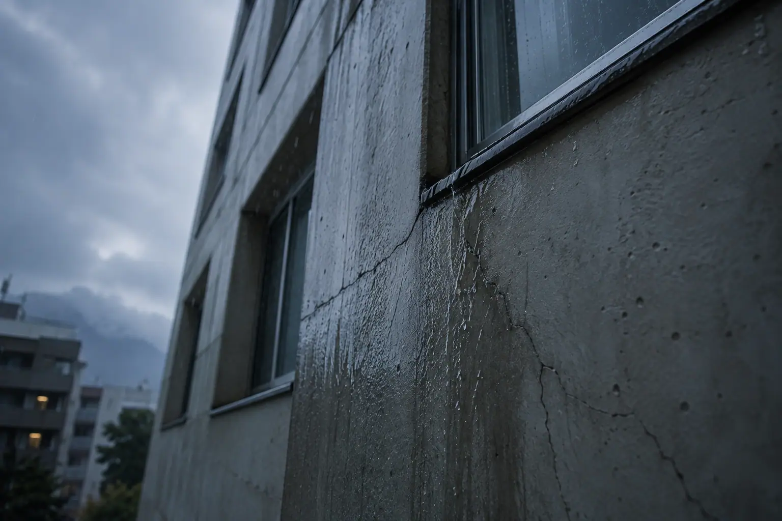 雨水が伝う筋に沿って走る外壁のひび割れ