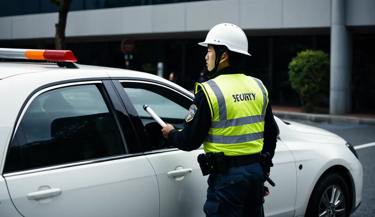 反射ベストの警備員が、白い車のそばで誘導灯を持つ