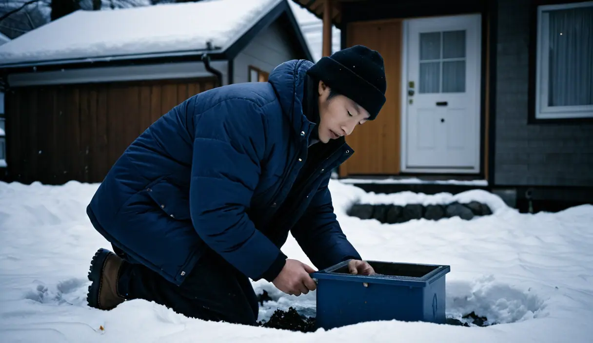 雪の積もった庭で、地面の水道メーターの箱を開ける作業員