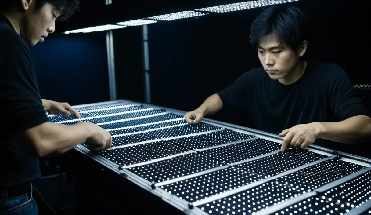 LEDの表示の板を、枠に組み付ける技術者
