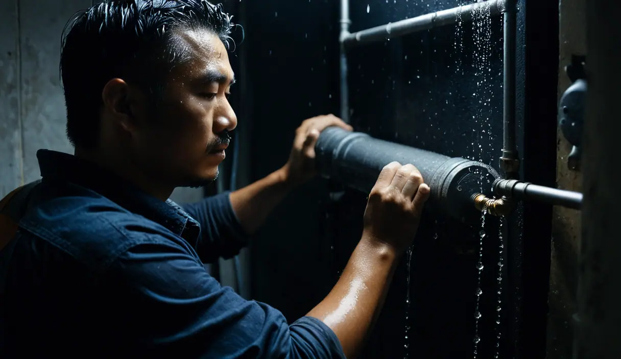 水が噴き出す配管を、手で押さえて確かめる作業員