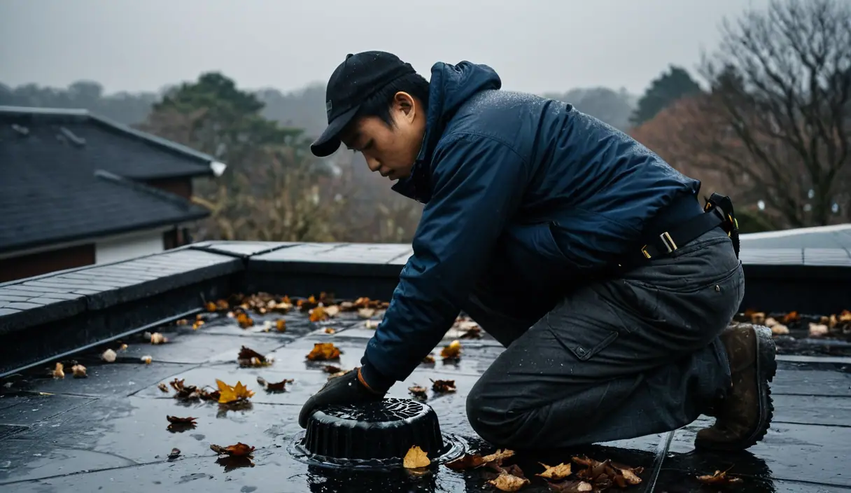 初冬の平らな屋根で、排水口のまわりの落ち葉を取り除く作業員