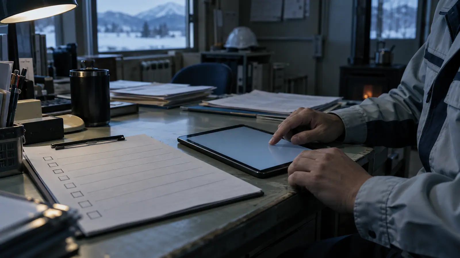 紙の点検表を横に置き、ひとつの項目だけタブレットに入れる手元