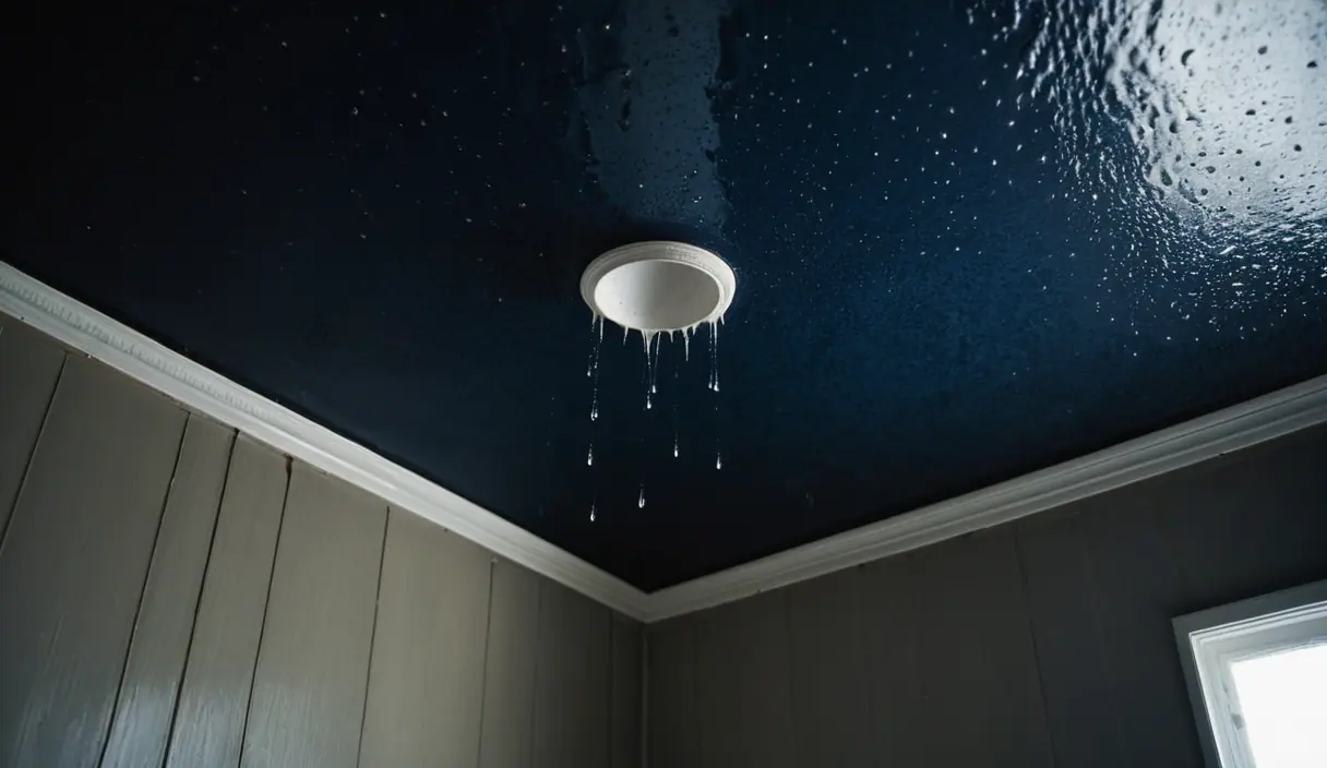 冬の部屋で、天井の照明のまわりから落ちてくる水