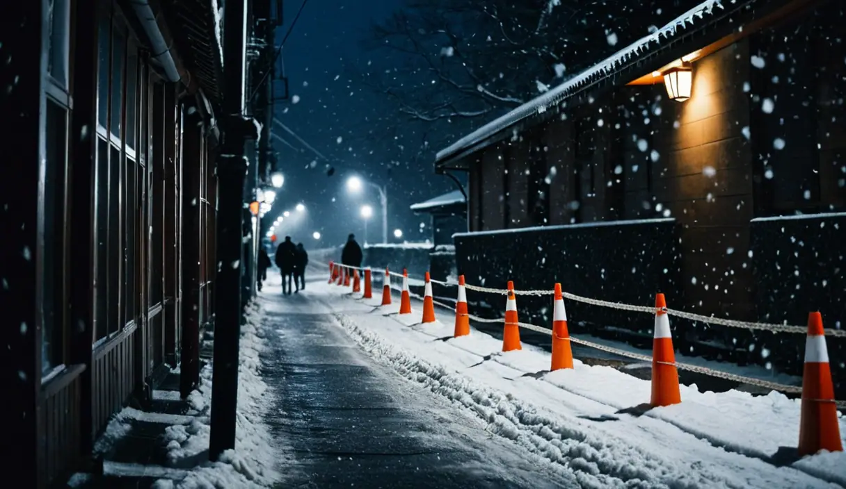 雪の歩道に並べたコーンと、立ち入りを止めるロープ
