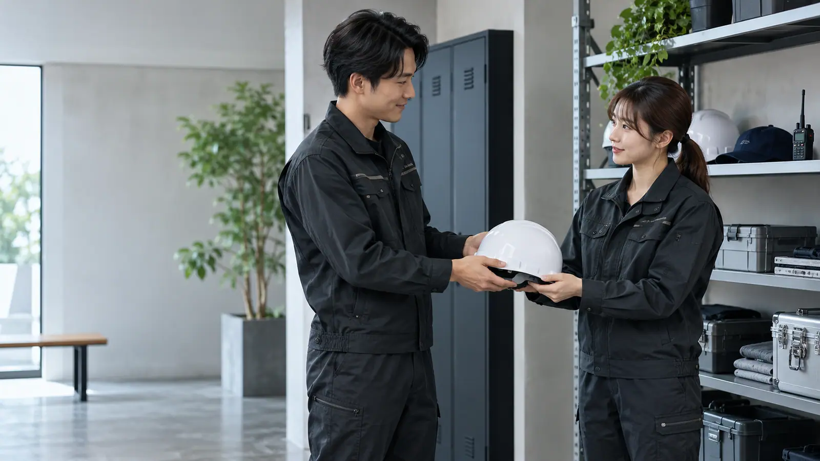 ヘルメットを手渡している2人