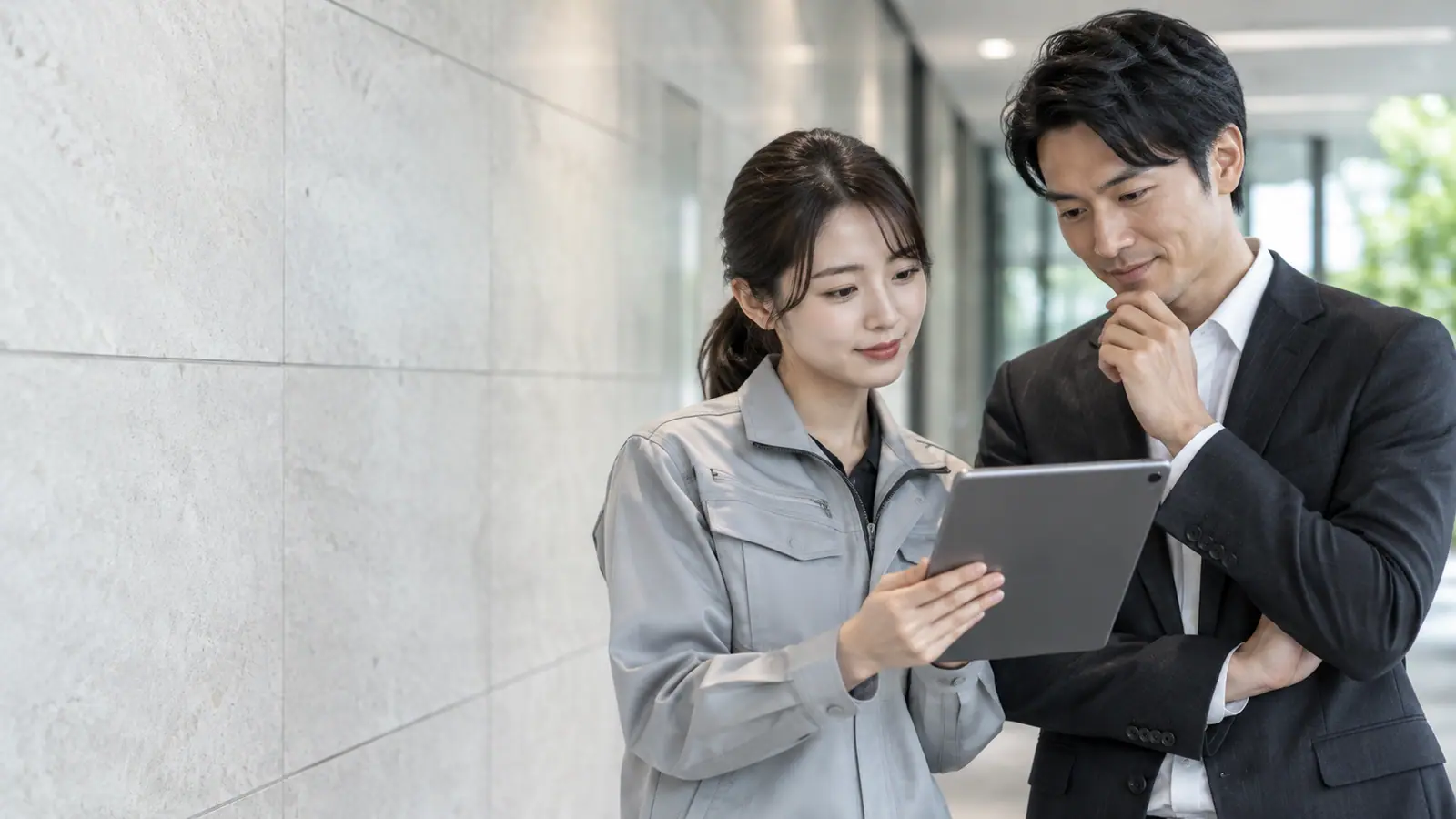タブレットを見ながら話す2人