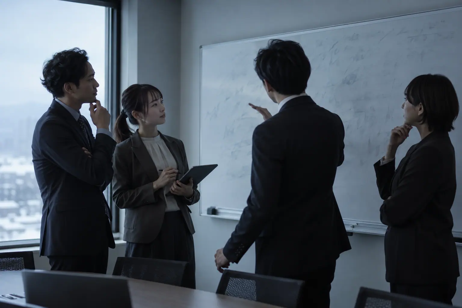 事務所の会議室で、4人がホワイトボードの前で話し合っている