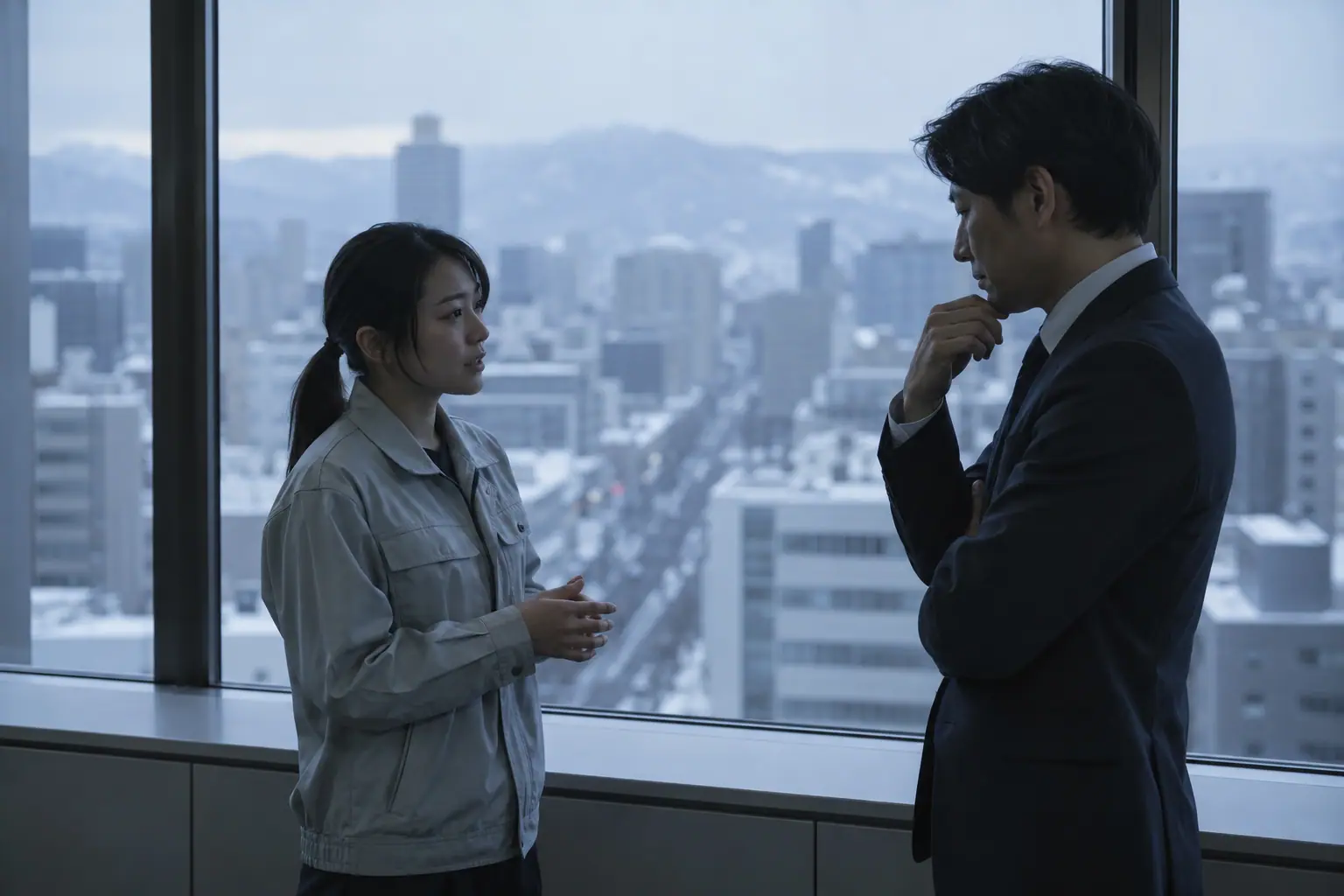 事務所の窓際で、作業着とスーツの2人が立ち話をしている