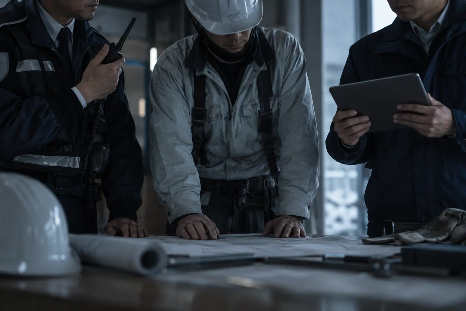 無線機を手にした警備員と、ヘルメットの職人と、タブレットを持つ技術者の3人の手元が同じ机の上に並んでいる