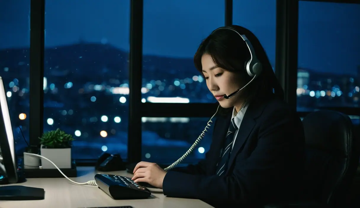 事務所で、ヘッドセットを付けた担当者が電話で相談を受けている