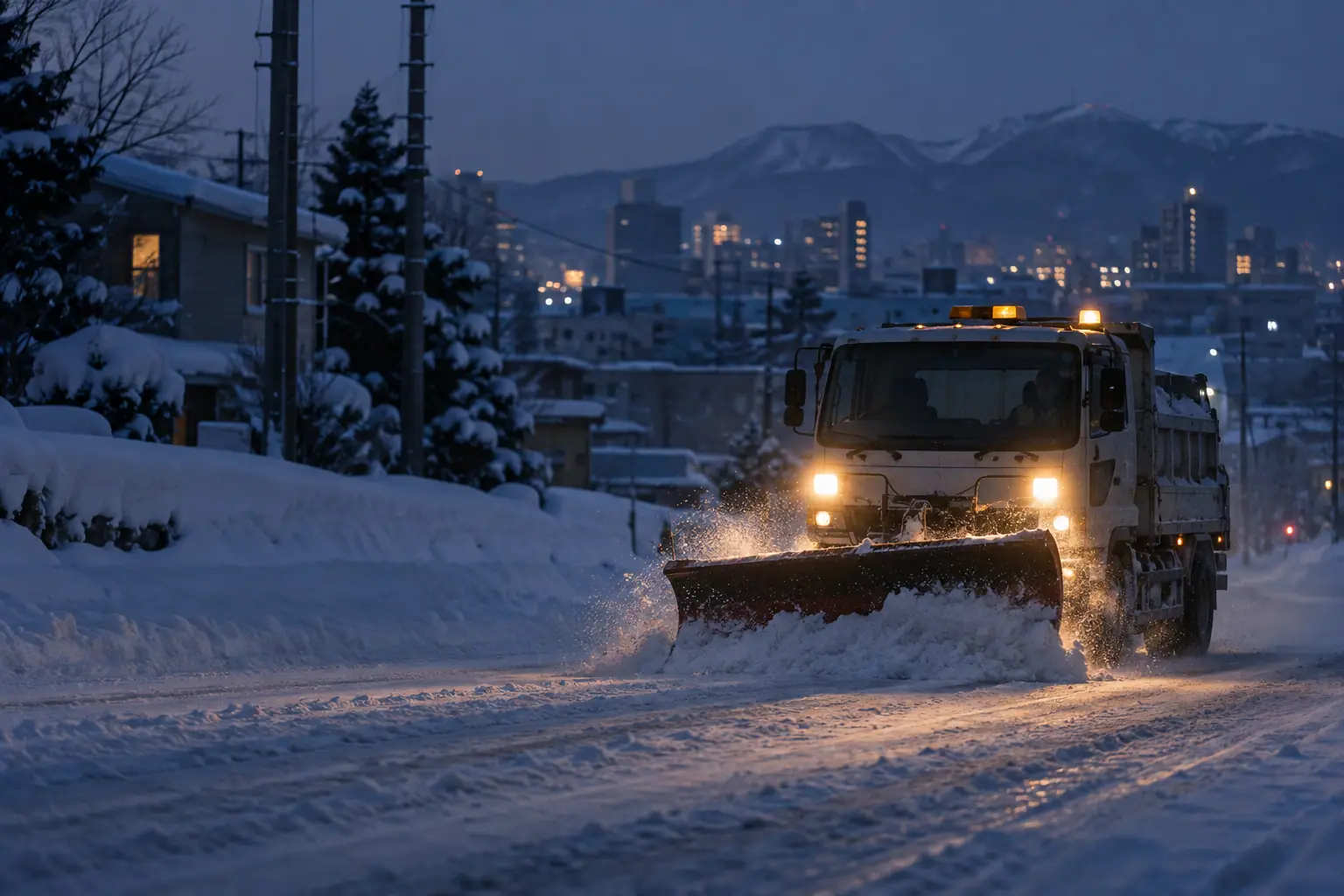 夜明け前、雪の道を走る作業車のヘッドライト