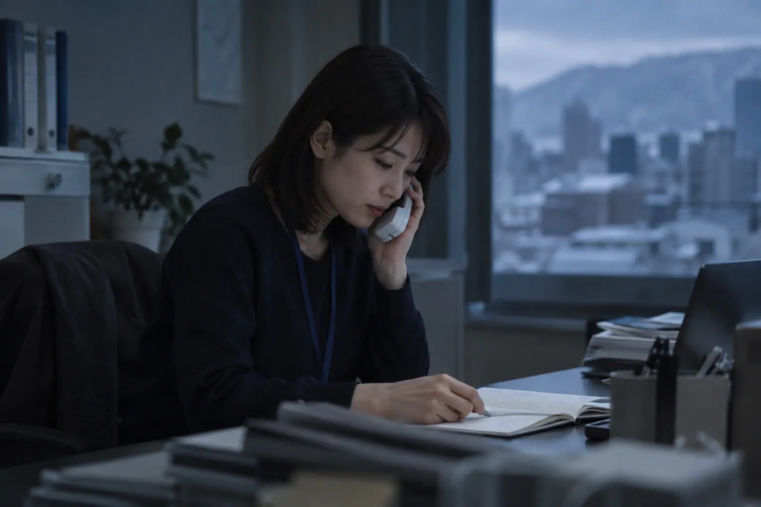 事務所で、担当者が依頼者の質問にノートを見ながら答えている電話の様子