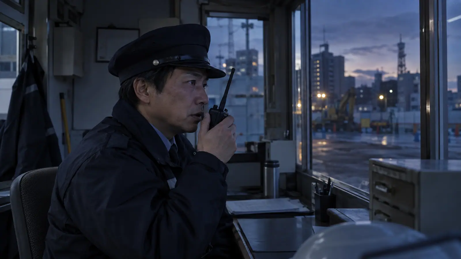 詰所の中で、警備員が無線で現場と連絡を取っている