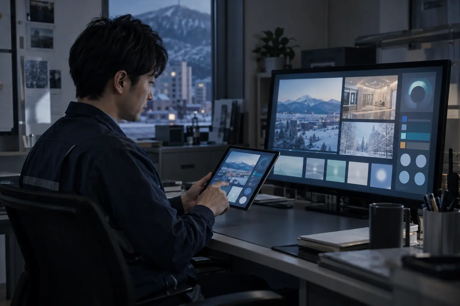 施設の事務所で、担当者がタブレットとサイネージの管理画面を見比べている