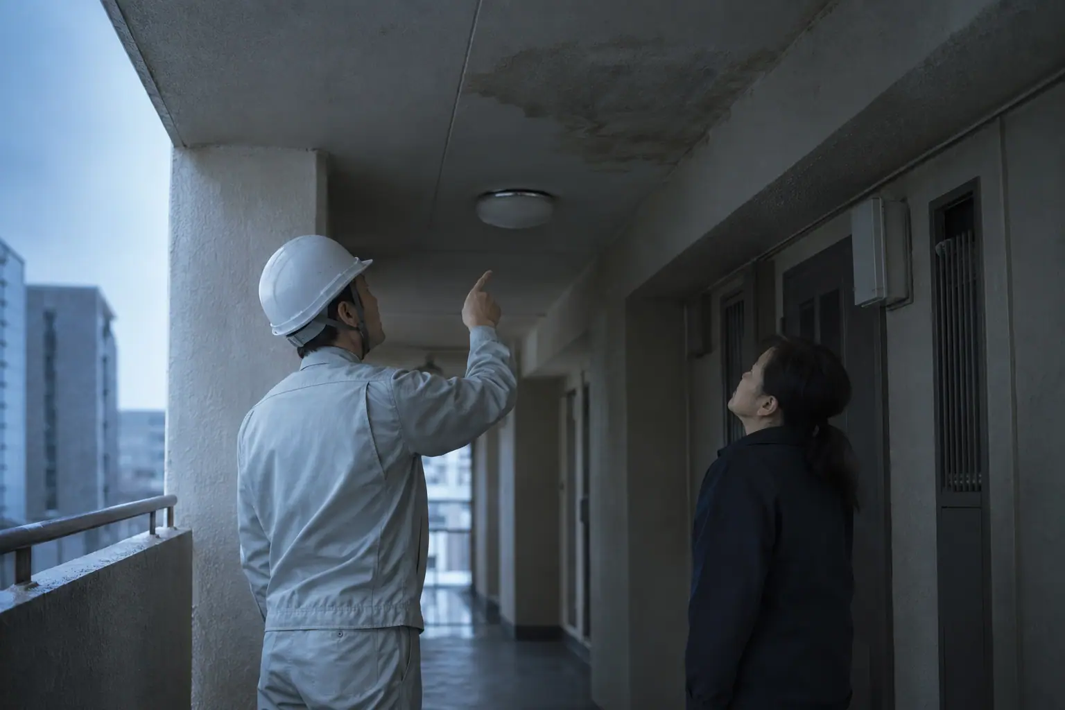 集合住宅の廊下で、保全工事の担当者と管理人が天井のシミを見上げながら話している