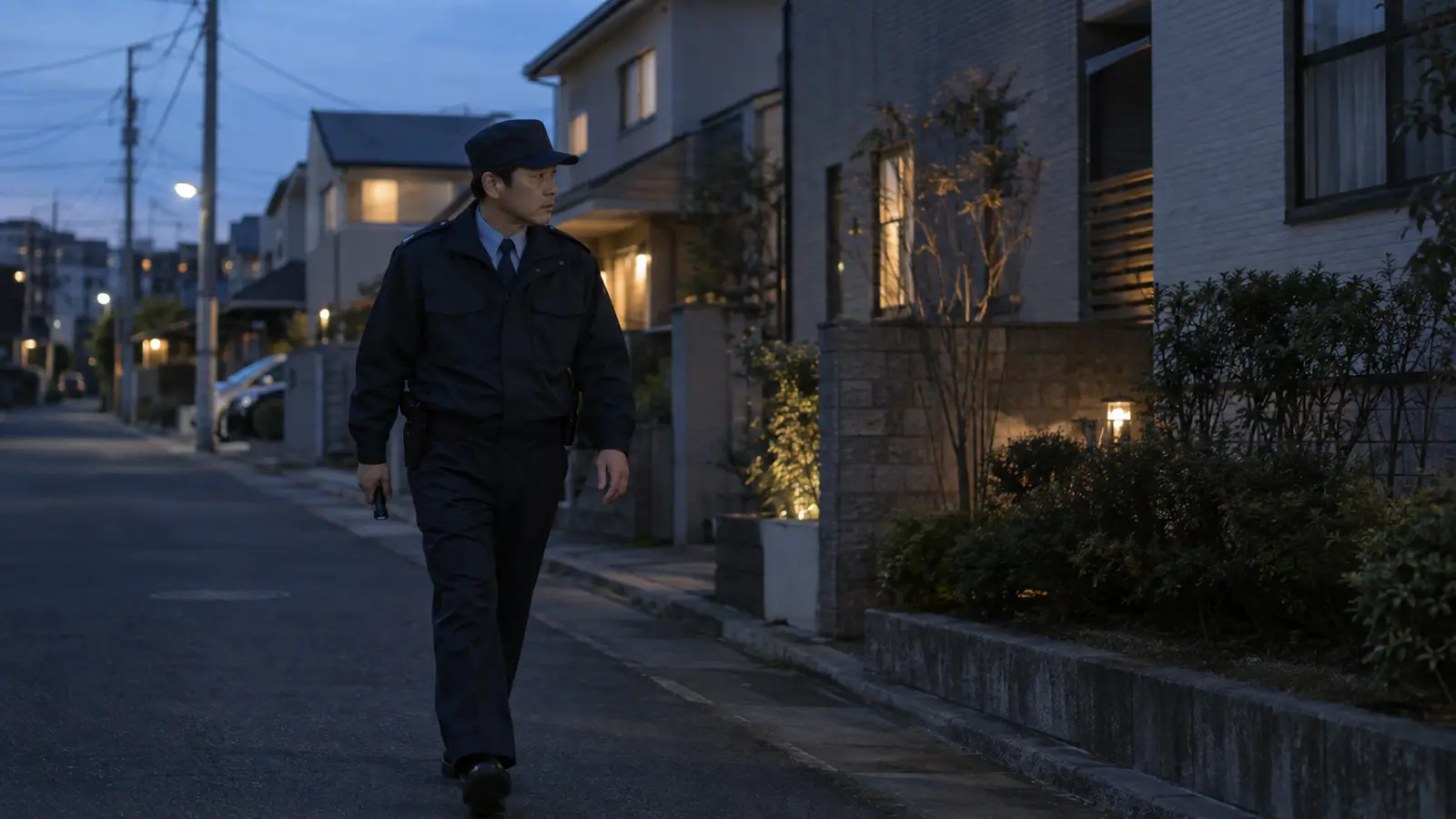 住宅街の夕暮れ、制服の警備員が1人で家々の前を歩いて見回っている