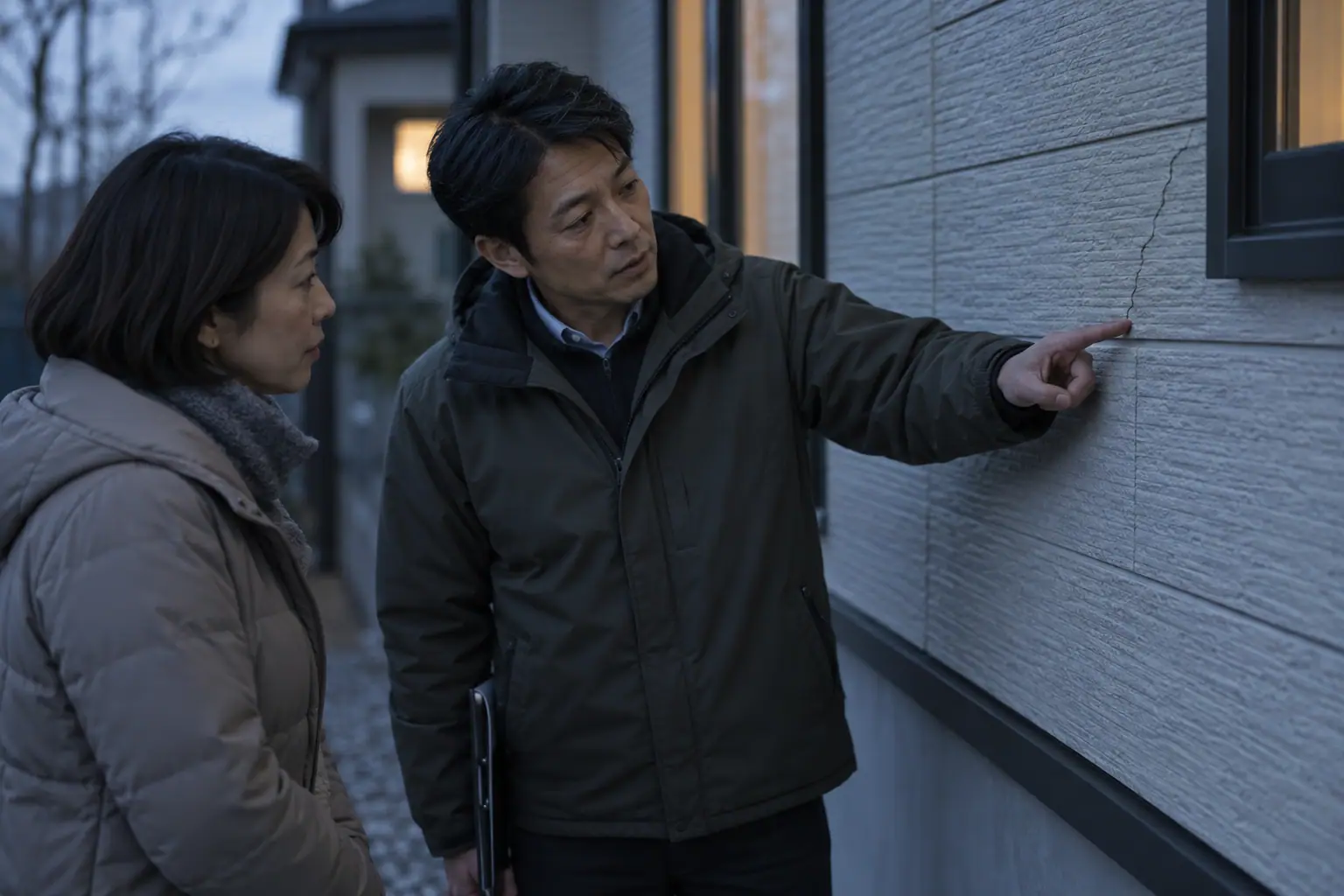 一戸建ての外壁の前で、担当者が家の人に外壁のひびを指さして説明している