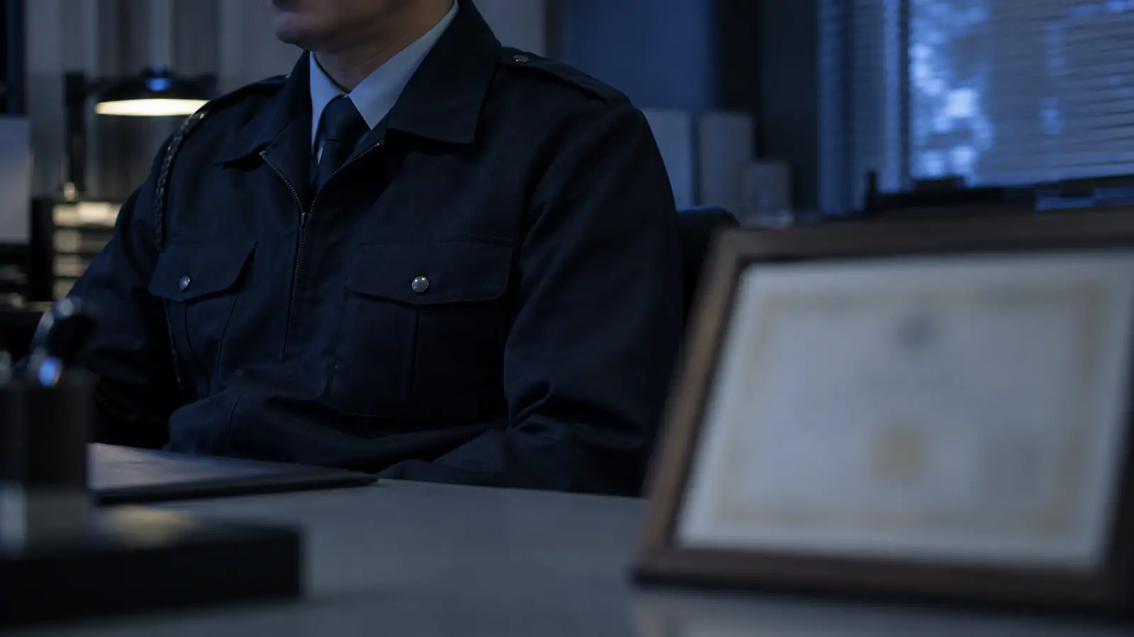 警備員の制服の胸元と、机の上に置かれた警備業の認定証の額