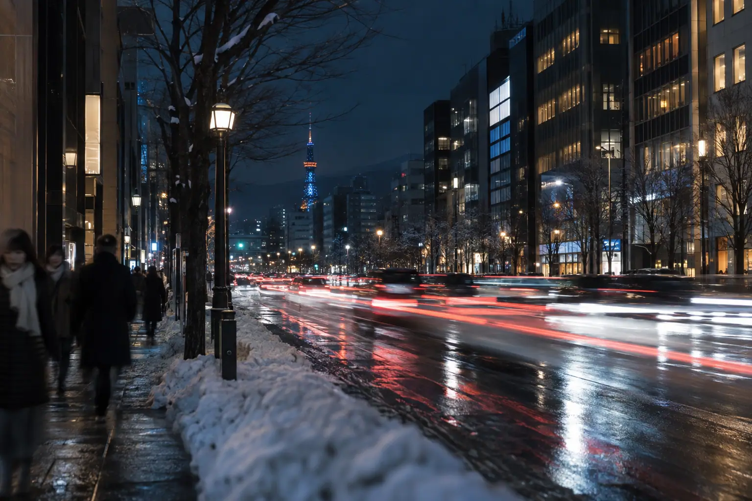 夜の札幌の街を走る光の筋の長時間露光の景色