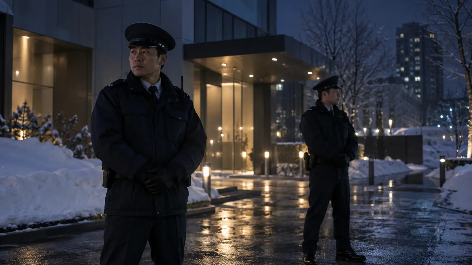 夜の商業施設の前で、制服の警備員2人が立って周囲を見守っている