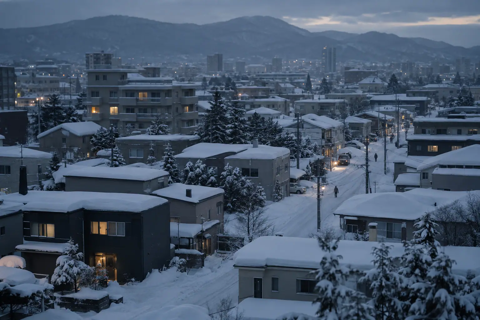 雪の積もった集合住宅が並ぶ札幌の住宅地を、高い所から見た冬の景色