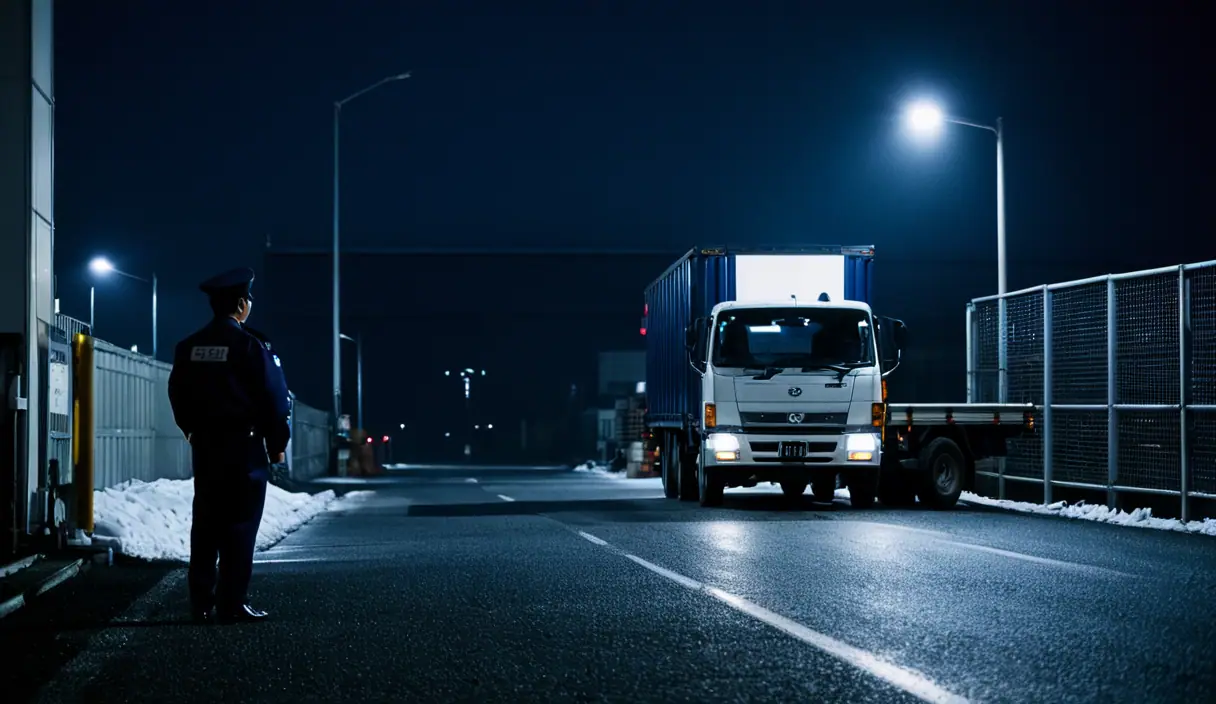 夜の工場の門の前で、警備員が車両の出入りを確認している