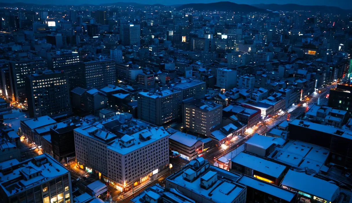 上から見た、雪の札幌の夜の街並み