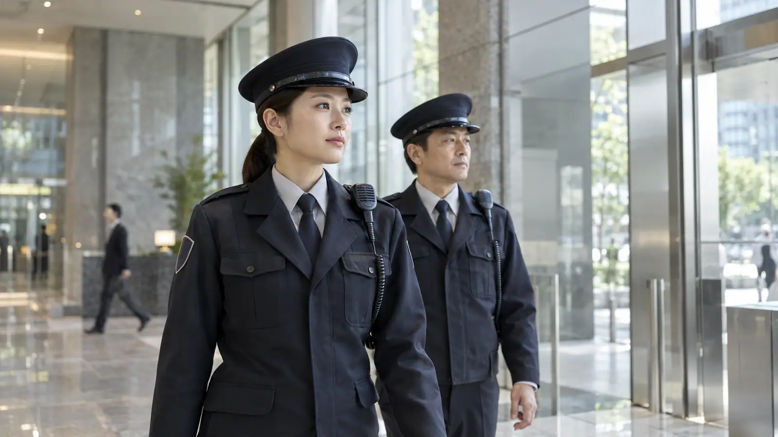 制服の警備員が2人で巡回している